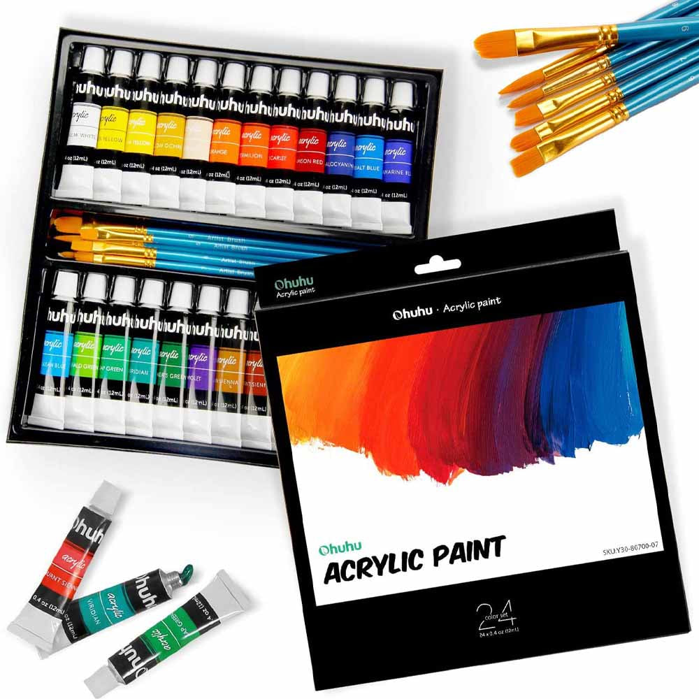 Set 24 pinturas acrílicas 12 ml + 6 pinceles - Ohuhu image 0